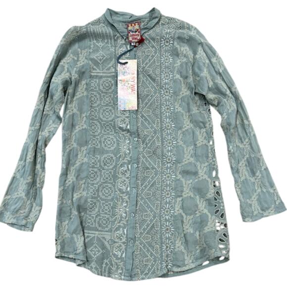 Johnny Was Sage Green Embroidered Button Down Tunic Top NWT $229 / Small – - Picture 5 of 5